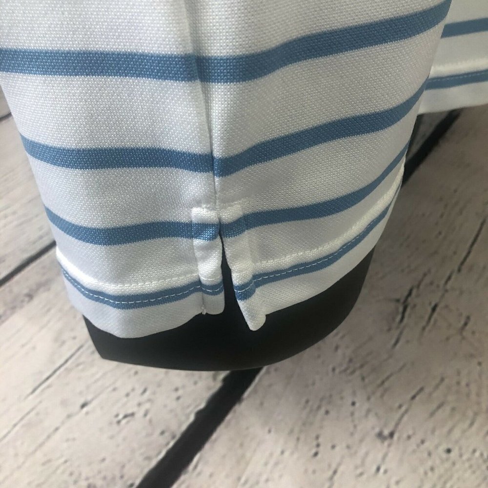 Arnold Palmer Polo Golf Shirt Medium White Blue Stripe Embroidered Umbrella Logo - Picture 7 of 9